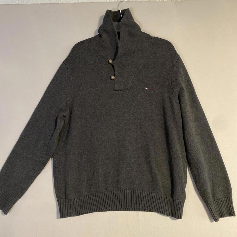 TOMMY HILFIGER Cotton Pullover Knit Shawl Collar Sweater Mens XL Dk Grey